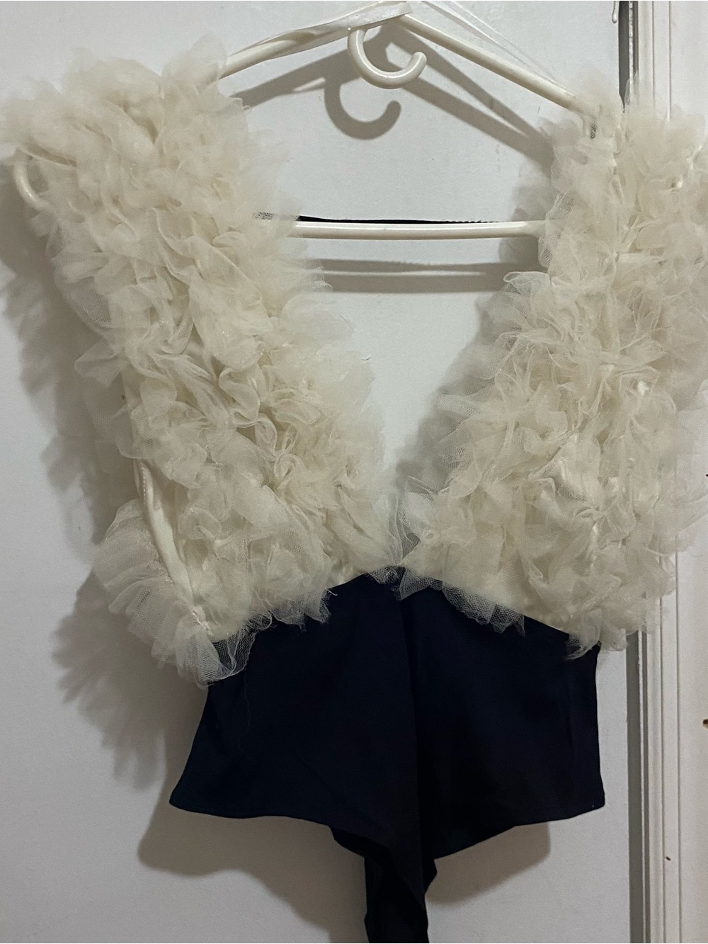 Rainbow Ivory Ruffle Plunge Bodysuit with Black Bottom